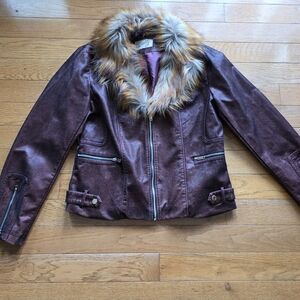 Scully Metallic Plum Faux Leather Jacket with Fur Collar